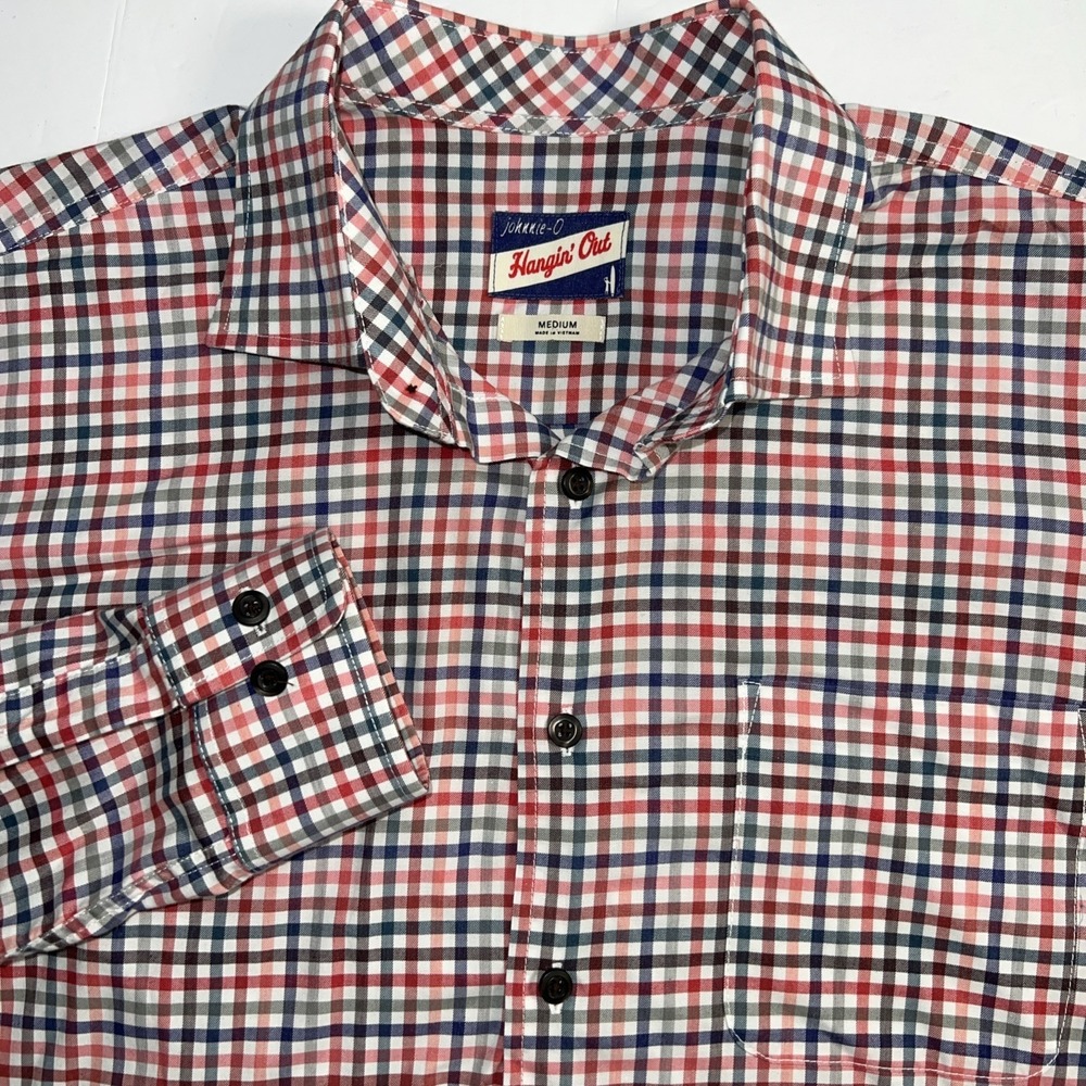 Johnnie-O 100% Cotton Mens Red Blue White Gingham Plaid Button Down Shirt Medium